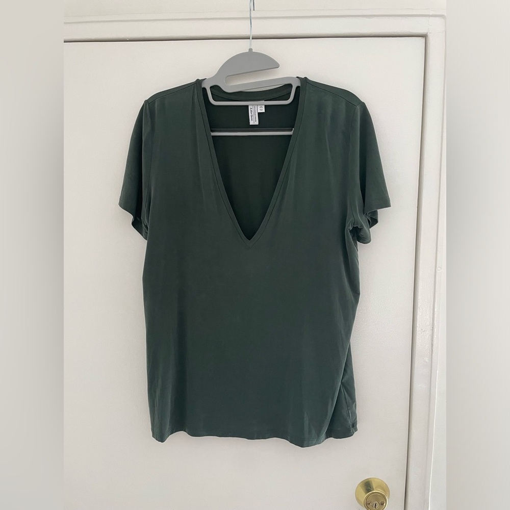 & Other Stories deep v neck green t-shirt
